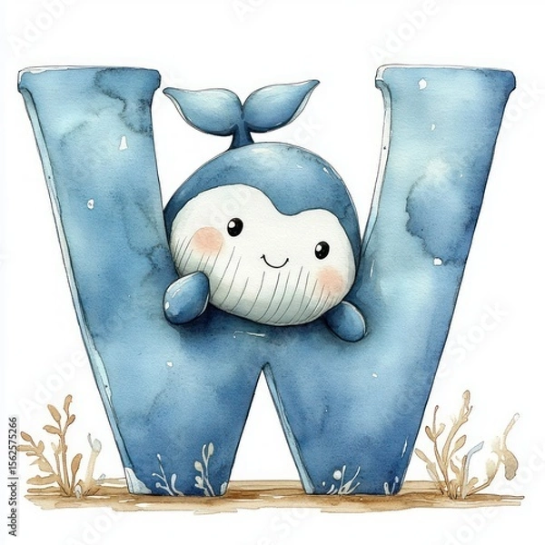 Fototapeta Cute smiling blue whale character peeking through a large blue letter W surrounded by simple aquatic plants