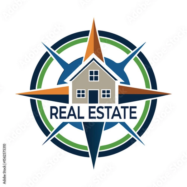 Fototapeta Modern Real Estate Logo with Compass and House Icon. Directional Property Branding Symbol for Realtor, Construction, or Architecture Business