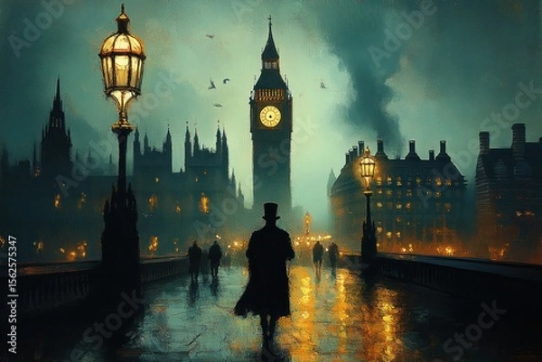 Fototapeta Silhouetted figures walking on a wet bridge at dusk with illuminated street lamps and the iconic clock tower in the foggy background creating a mysterious and nostalgic atmosphere