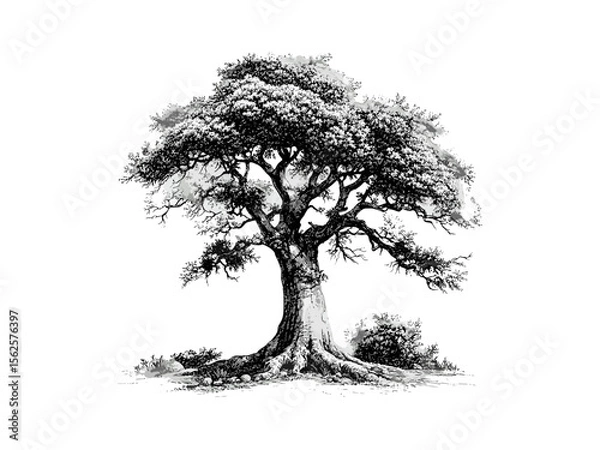Fototapeta Vintage baobab bark illustration, hand-drawn botanical art, tropical tree trunk, nature tree design, retro woodland style, black sketch, eco-friendly print, old engraving technique