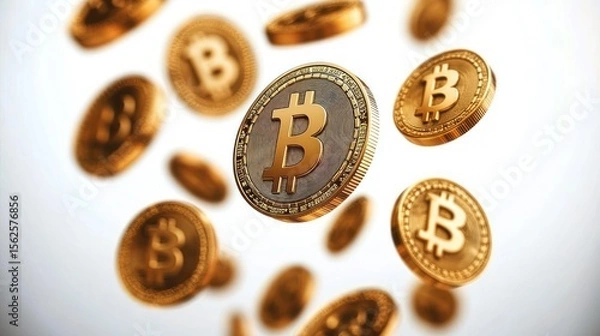 Fototapeta Multiple golden coins featuring a prominent currency symbol floating dynamically against a bright gradient background, evoking a sense of digital finance and wealth