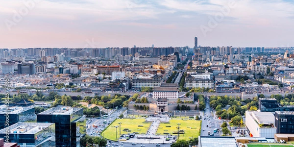Fototapeta High angle view city skyline of Yongning Gate and Bell Tower in Xi'an, Shaanxi, China