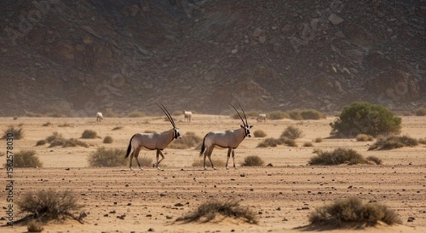 Obraz Two graceful antelopes traverse a sun-drenched desert landscape, their long horns silhouetted against a rugged mountain backdrop.