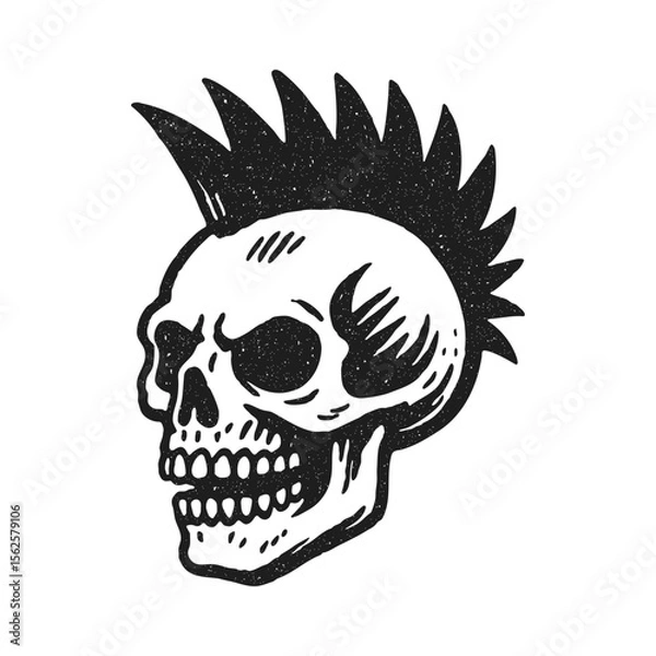 Obraz Punk skull with mohawk, vintage black and white illustration with textured style.