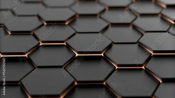 Fototapeta Close up of a dark gray honeycomb pattern with orange glowing lines in between cells