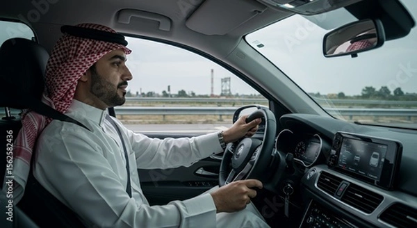 Obraz Man in traditional Middle Eastern attire drives a modern car on a highway, enjoying the journey and the open road ahead.