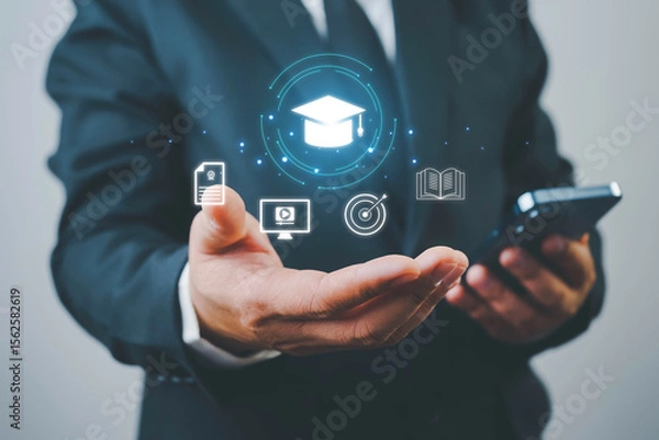 Fototapeta Education, E-learning technology concept. AI and machine learning enhance personalized learning. Technology course, business training. E-learning, online education, education, internet learning.