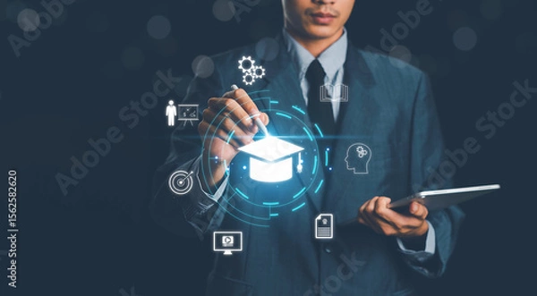 Fototapeta Education, E-learning technology concept. AI and machine learning enhance personalized learning. Technology course, business training. E-learning, online education, education, internet learning.