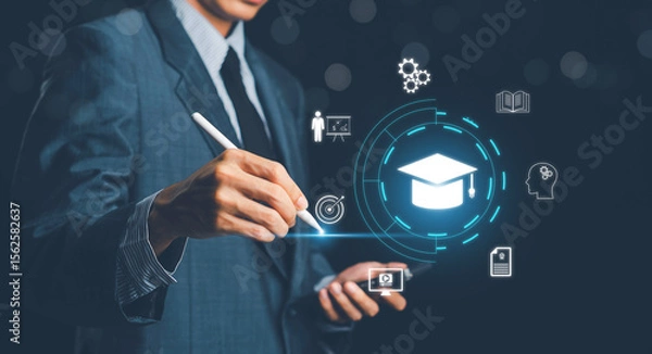 Fototapeta Education, E-learning technology concept. AI and machine learning enhance personalized learning. Technology course, business training. E-learning, online education, education, internet learning.