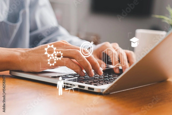 Fototapeta Education, E-learning technology concept. AI and machine learning enhance personalized learning. Technology course, business training. E-learning, online education, education, internet learning.