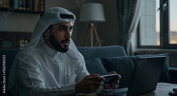 Obraz A young man in traditional Middle Eastern attire relaxes at home, engrossed in a handheld game console while a laptop sits nearby.