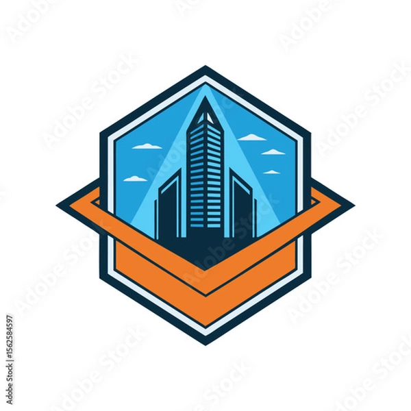 Fototapeta Modern Skyscraper Icon in Diamond Shape with Elegant Serif Font. Corporate Real Estate, Architecture, Building Logo Vector Design