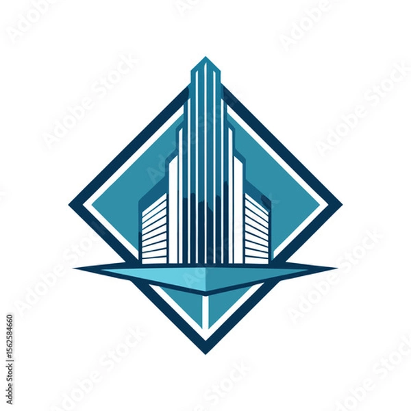 Fototapeta Modern Skyscraper Icon in Diamond Shape with Elegant Serif Font. Corporate Real Estate, Architecture, Building Logo Vector Design