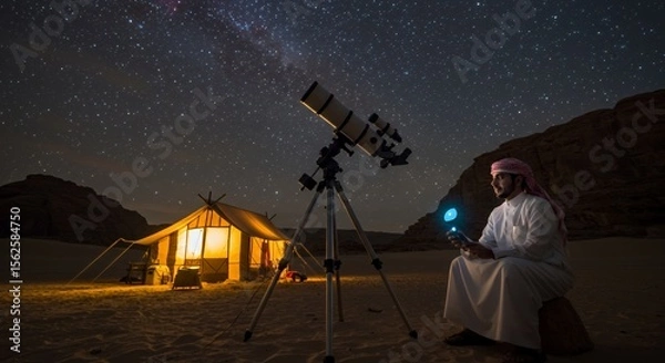 Obraz Stargazing in the Desert: A lone traveler observes the night sky with a telescope, illuminated by a desert camp.