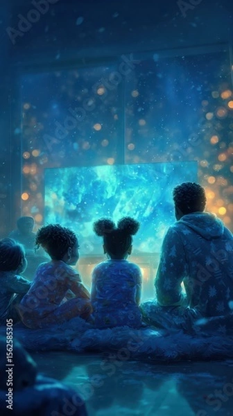 Fototapeta Father and kids mesmerized by glowing TV against nighttime window