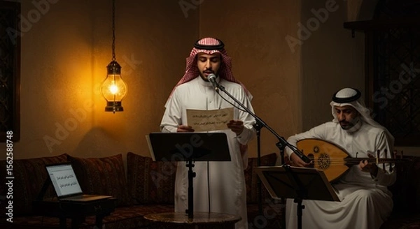 Obraz Arabian musicians perform traditional music in a dimly lit room, one singing from a sheet of music while the other plays an oud.