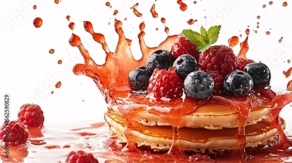 Obraz Clear fruit glaze splashing onto a stack of fluffy pancakes topped with fresh berries, highlighting textures with a glossy sheen, isolated on white background,