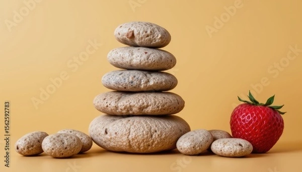Obraz Stack of Smooth Stones with a Bright Red Strawberry on a Yellow Background Creating a Harmonious Composition