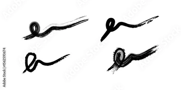 Fototapeta These are four abstract brush stroke designs. The strokes are black and vary in shape, some with circular ends and others more linear.