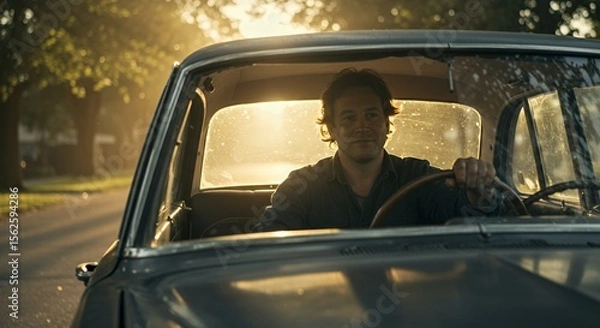 Obraz Golden Hour Drive: A man sits in a vintage car, bathed in the warm glow of the setting sun, enjoying a peaceful evening journey.