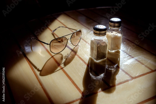 Fototapeta Glasses, pepper shaker and salt shaker on the table in backlight