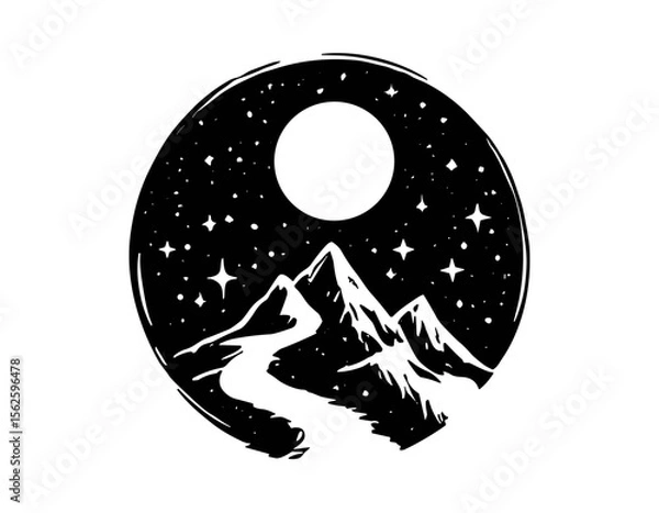Fototapeta Nighttime mountain landscape, winding road leading towards a full moon under a starry sky, depicted in a circular, hand-drawn style.