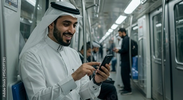 Obraz A young man in traditional Middle Eastern attire smiles while using his smartphone on a modern public transport system.