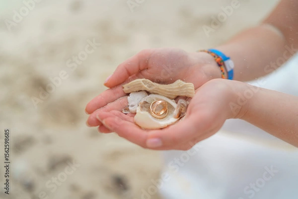 Fototapeta Wedding rings and small shells in the hands of a girl.