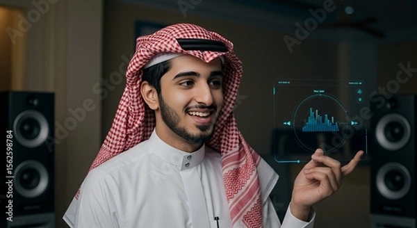 Obraz Young man in traditional Middle Eastern attire interacts with a futuristic audio visualizer interface.