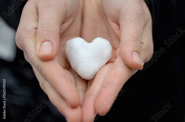 Fototapeta Snow in the shape of a heart in a woman's hands.