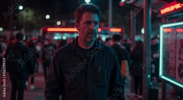 Obraz Pensive man in dark overalls stands at night, city lights blurring in the background, creating a moody urban atmosphere.