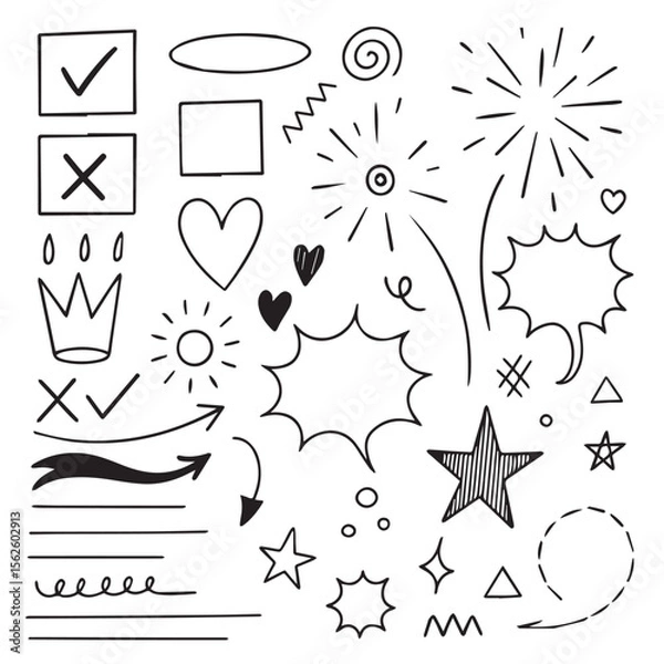 Fototapeta Hand drawn marker simple elements set. Grunge doodle underlines, icons, emphasis, speech bubbles, arrows and shapes. 