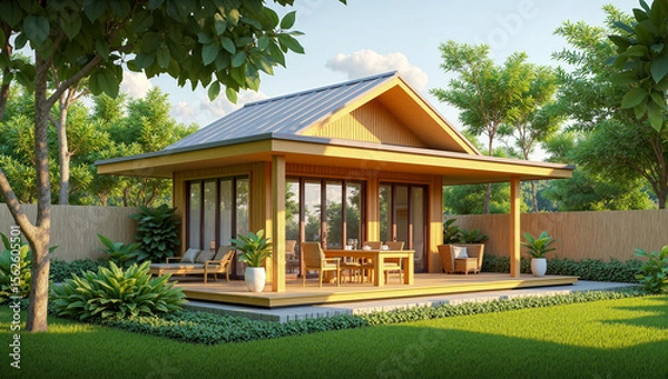 Fototapeta tiny house in nature modern cabin design minimalist countryside home eco-friendly tiny home off-grid house sustainable small house backyard retreat scenic rural home compact living space