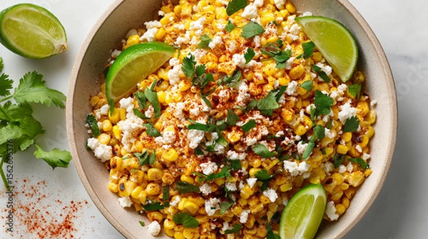 Obraz Spicy Mexican street corn salad with cotija cheese, lime wedges, chili powder, and cilantro, perfect for summer parties, BBQs, or side dishes