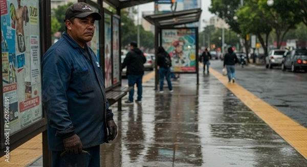 Fototapeta A lone worker stands at a rain-soaked bus stop, observing the city's quiet rhythm on a dreary day.