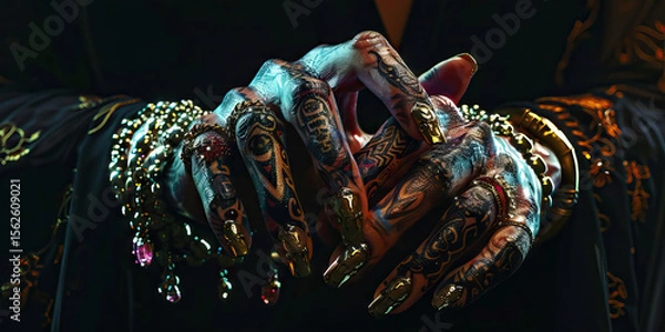 Fototapeta Close-up of Ornate Hands with Tattoos and Gold Jewelry