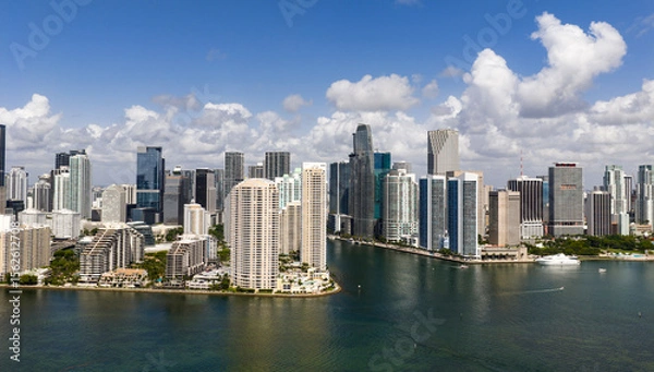 Fototapeta Panorama of Brickell in Miami. Panorama of Miami skyline on a sunny day. Panorama view of Miami Beach and Brickell. Brickell famous panorama. Miami downtown landscape.
