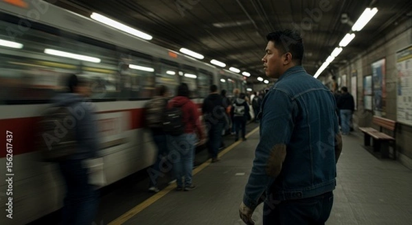 Obraz A pensive young man stands on a platform, watching a train speed past, lost in thought as commuters rush by.