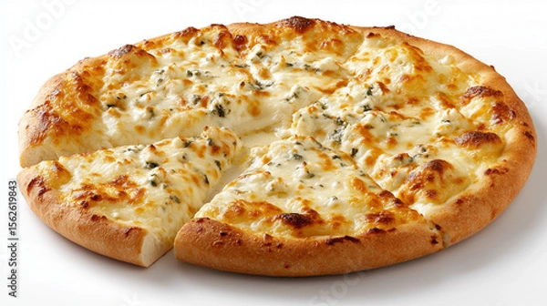 Fototapeta Four cheese pizza with gooey, golden mozzarella and herbs, sliced and ready to serve, great for menus or cheese-centric food ads