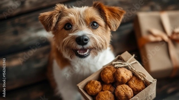 Fototapeta Happy Dog Holding Gift Box with Homemade Cookies on a Wooden Table