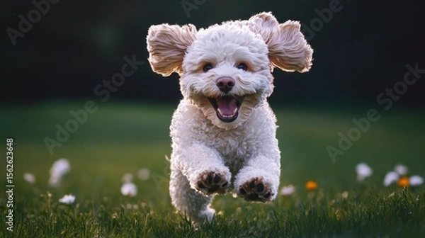 Fototapeta Happy Dog Running Joyfully in Green Field with Flowers Nearby
