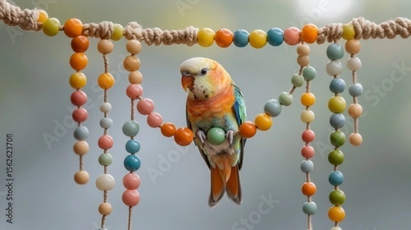 Fototapeta Colorful parakeet perched on decorative beads with a soft background