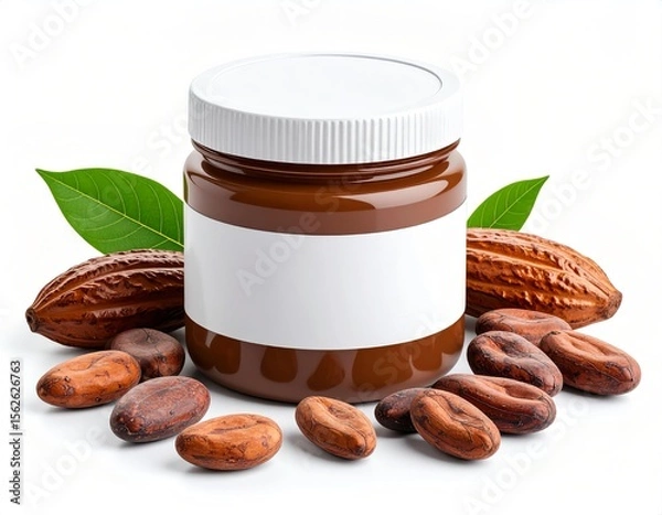 Fototapeta 3D chocolate spread jar with cocoa beans beside, isolated, playful 3D style