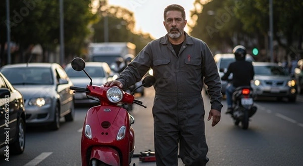 Obraz Mechanic thoughtfully leans against a red scooter, lost in thought amidst the urban sunset glow.