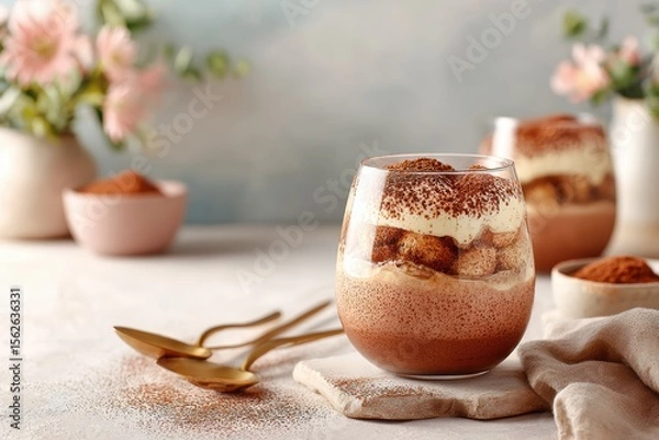 Fototapeta Creamy dessert in a glass filled with layers of cocoa, mascarpone, and ladyfingers, beautifully presented with floral elements and soft pastels in the background