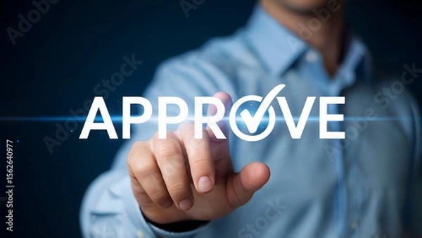 Fototapeta Approval concept showcases a hand touching a glowing interface with a checkmark, symbolizing agreement, consent, and authorized action in a modern digital world.