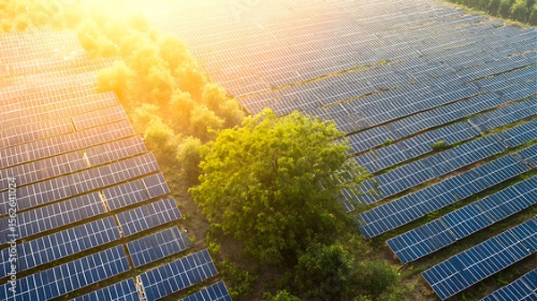 Fototapeta Aerial view of solar panels in a large solar farm with sunlight reflections and green trees in the background
