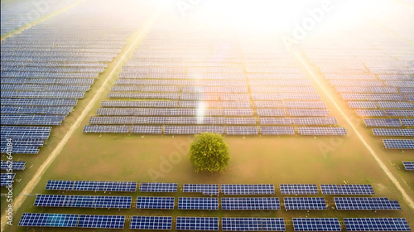 Fototapeta Aerial view of solar panels in a large solar farm with sunlight reflections and green trees in the background