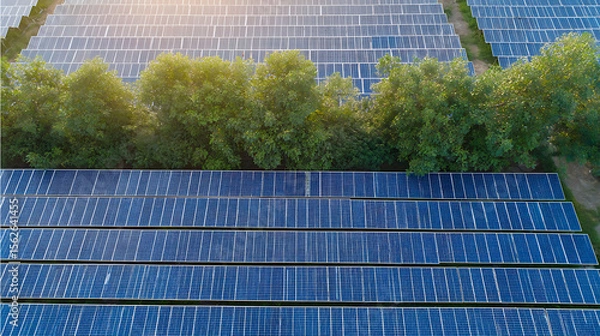 Fototapeta Aerial view of solar panels in a large solar farm with sunlight reflections and green trees in the background