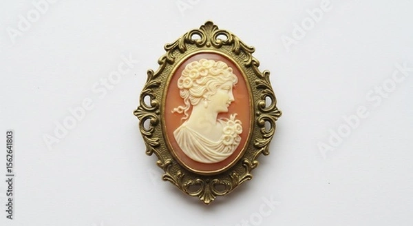 Fototapeta Elegant cameo brooch subtly glows soft light intricate brass frame. AI Generated